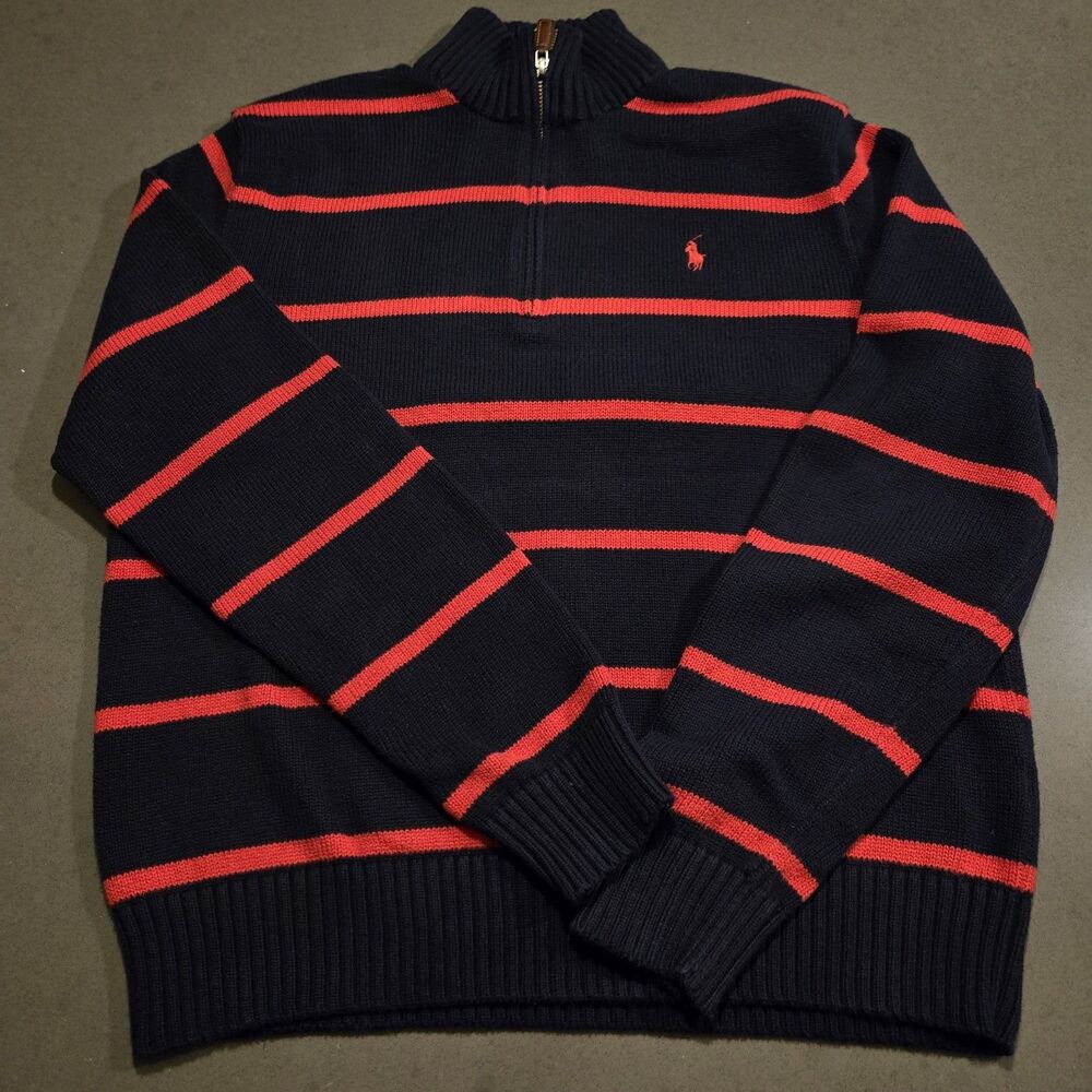 Polo by Ralph Lauren Navy Blue & Red Striped Half-Zip Sweater